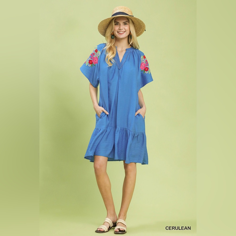 Umgee Embroidered Shoulder Dress | Cerulean Boho V-Neck Dress🛍️